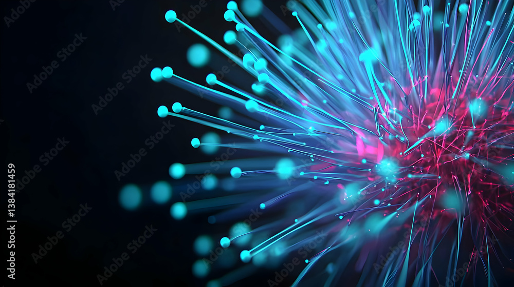 Poster abstract digital explosion of glowing lines and dots in vibrant colors