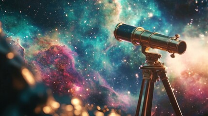 Antique telescope gazing at nebula, cosmic view