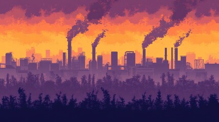 Fototapeta premium Sunset industrial pollution over city skyline