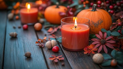 Rustic autumnal arrangement with glowing candles, pumpkins, and natural accents
