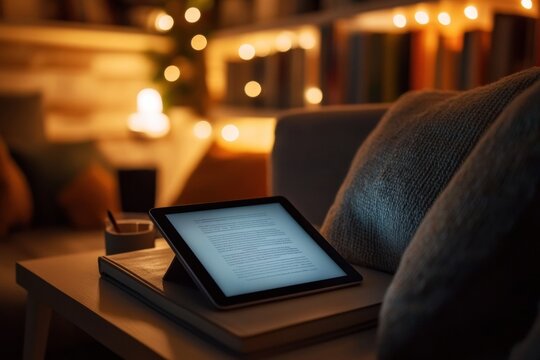 Modern study environment with tablet displaying e-book and digital notes, creating a cozy atmosphere in the evening