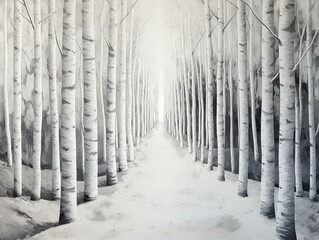 Fototapeta premium path through winter forest, white trees, snowy ground, mystical atmosphere, serenity