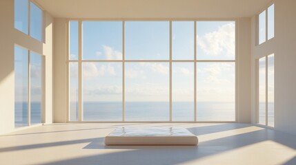 Fototapeta premium Minimalist ocean-view room, sunrise, platform, interior design