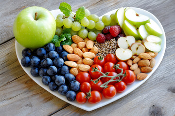 Heart-shaped plate of healthy food, colorful isolated