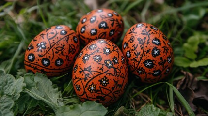Four decorated eggs resting on green grass during daylight hours