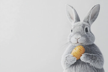 Obraz premium Adorable gray bunny holding a carrot against a soft light background portraying a gentle and charming essence.