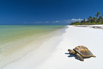A wise tortoise slowly making its way across a tropical island beach, leaving a trail in the sand