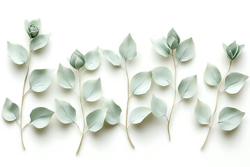 Arrangement of pale green eucalyptus sprigs with delicate rounded leaves on a bright white background casting soft shadows.