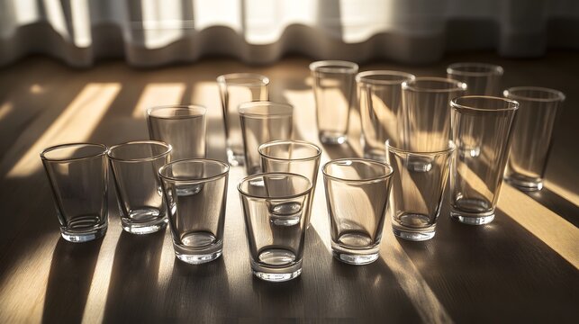 Elegant drinking glasses in artistic arrangement, evoking refined simplicity and warm ambiance