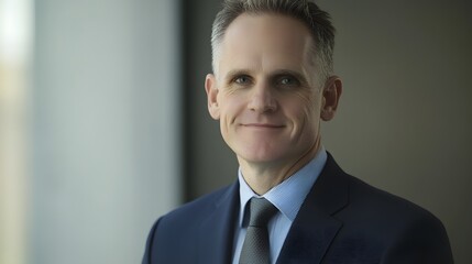 Confident businessman in navy suit, professional portrait symbolizing leadership and success