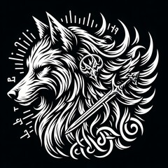 Stylized tribal wolf head with ornate sword and symbolic elements in black and white