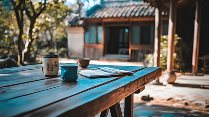 Minimal outdoor workspace with coffee cup on wooden table, embodying simplicity and focus in a serene setting
