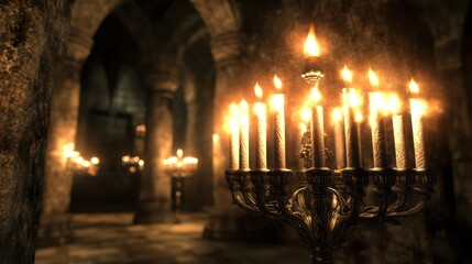 Ancient crypt illuminated by burning candles