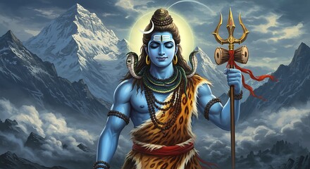 Mystical depiction of Shiva with Trishul against a backdrop of snowy mountains