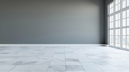 Empty Modern Room With Gray Walls White Marble Floor And City View Windows