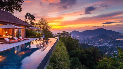 Luxury Villa Infinity Pool Sunset Tropical View Stunning Ocean Panorama Hilltop Resort Private Residence Evening Relaxation Beautiful Landscape       