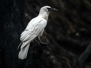 Fototapeta premium white bird on dark wood, monochrome photography, dramatic lighting, nature scene