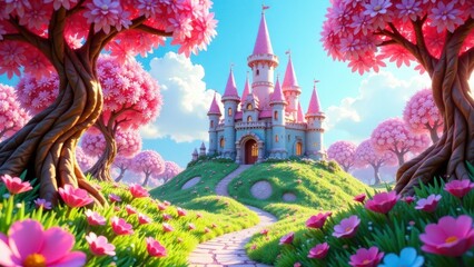 Whimsical Pink Castle on a Hilltop Surrounded by Blossoming Trees and a Winding Stone Path in a Lush, Flower-Filled Meadow