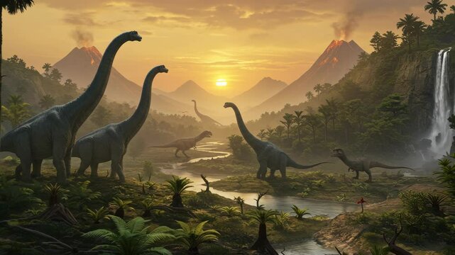 Prehistoric Creatures Grazing in Lush Valley at Sunset