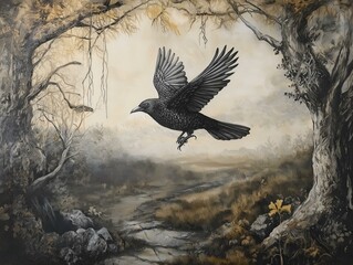 Fototapeta premium bird flying, dark forest, misty atmosphere, tranquil scene, nature photography