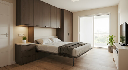 Fototapeta premium Modern Studio Apartment with a Concealed Murphy Bed and Minimalist Design
