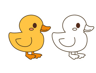 Flat style illustration of a cute duckling in color and outline versions, ideal for childrens books, printable coloring pages, and farm-themed designs.