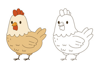 Flat style illustration of a cute chicken in color and outline versions, ideal for farm-themed designs, childrens books, and coloring pages.