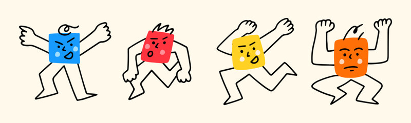 Abstract comic Faces with various emotions and poses. Different colorful characters in cartoon style and flat design. Vector Illustration 