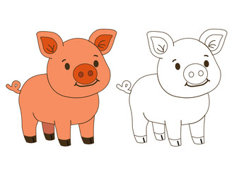 Flat style illustration of a smiling piglet with a coloring page version, perfect for childrens books, educational materials, and farm-themed design projects.