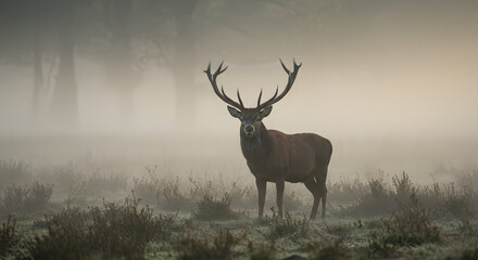A majestic stag stands poised within a misty forest, its antlers prominently displayed against a backdrop of swirling fog. The scene evokes a sense of solitude and power.