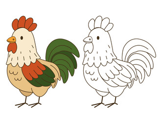 Flat style illustration of a colorful rooster with a matching black and white version, perfect for childrens books, farm-themed activities, and educational design projects