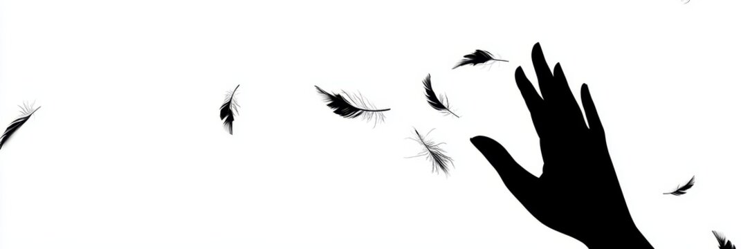 Black silhouette of a hand throwing or releasing small dark objects into the air.