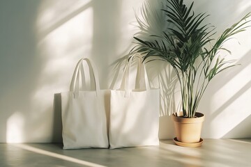 Two White Tote Bags with a Potted Palm Plant in Sunlight