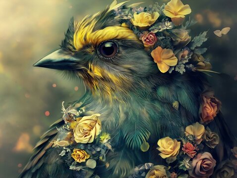 bird portrait, floral elements, dark and vibrant colors, surreal art, detailed feathers