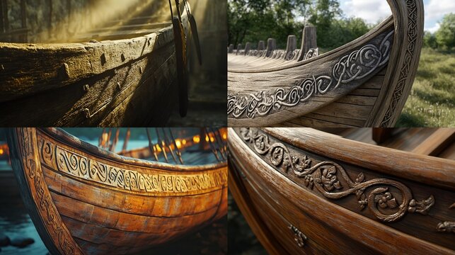 Close-up of intricately carved wooden boat details. - Powered by Adobe