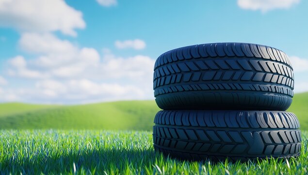 Two Black Tires on Green Grassy Field under a Blue Sky