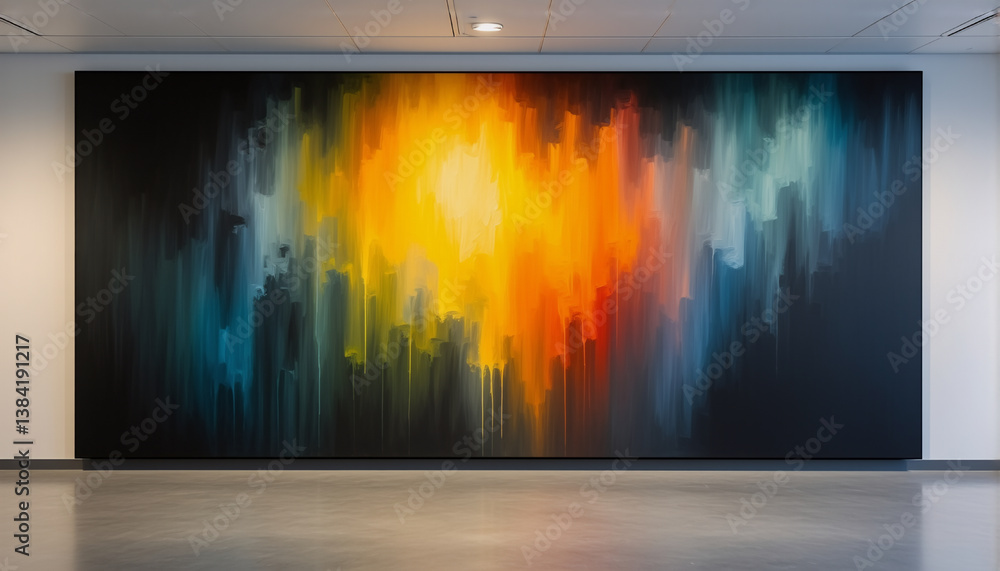Poster abstract art piece with a vibrant central burst of warm colors transitioning to cooler tones on the 