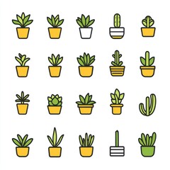 Vector icons of potted plants and succulents in various shapes