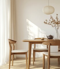 Modern minimalist dining area with natural light and warm tones