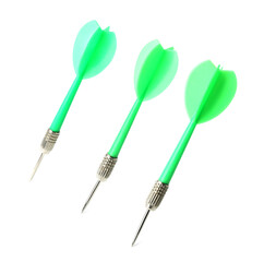 Green dart arrows in air isolated on white. Sports equipment