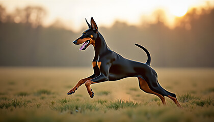 Doberman dog joyfully running in a field at sunset  
