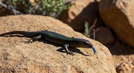 A black lizard rests on a light brown rock, basking in sunlight, with a blue tongue visible. It's part of a desert landscape.