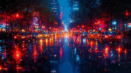 Urban Reflections: A captivating cityscape at night, where neon lights dance on wet streets. Cars navigate the illuminated avenues amidst the majestic architecture, reflecting a dynamic urban life.