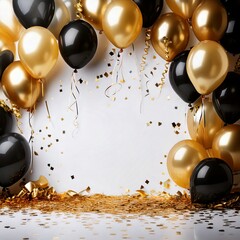 black and gold balloons and confetti on a white background card design