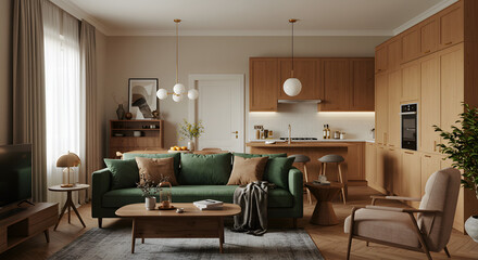 Fototapeta premium Cozy Scandinavian-inspired living room with a modern kitchen, bathed in warm light. A plush green sofa anchors the space, complemented by wooden cabinetry and a breakfast bar.