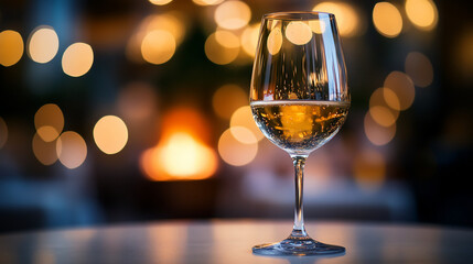 Sparkling wine glass, warm ambiance