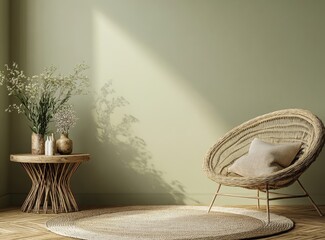 Tranquil, sun-drenched living space.  Soft sage green walls, woven wicker chair, and natural textures create a relaxing atmosphere.  A small round wooden table holds a vase with delicate white flowers