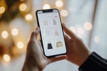 Holding a smartphone while scrolling through a modern online store app featuring various stylish bags during a cozy indoor setting