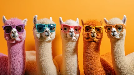 Foto auf Acrylglas Lama A colorful portrait of stylish alpacas with oversized sunglasses, standing side by side in a cheerful orange setting. Each alpaca features detailed wool textures and a unique pose, expressing coolne  © otter2