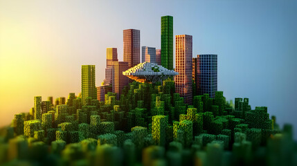 Obraz premium Pixelated City With Ufo At Sunrise